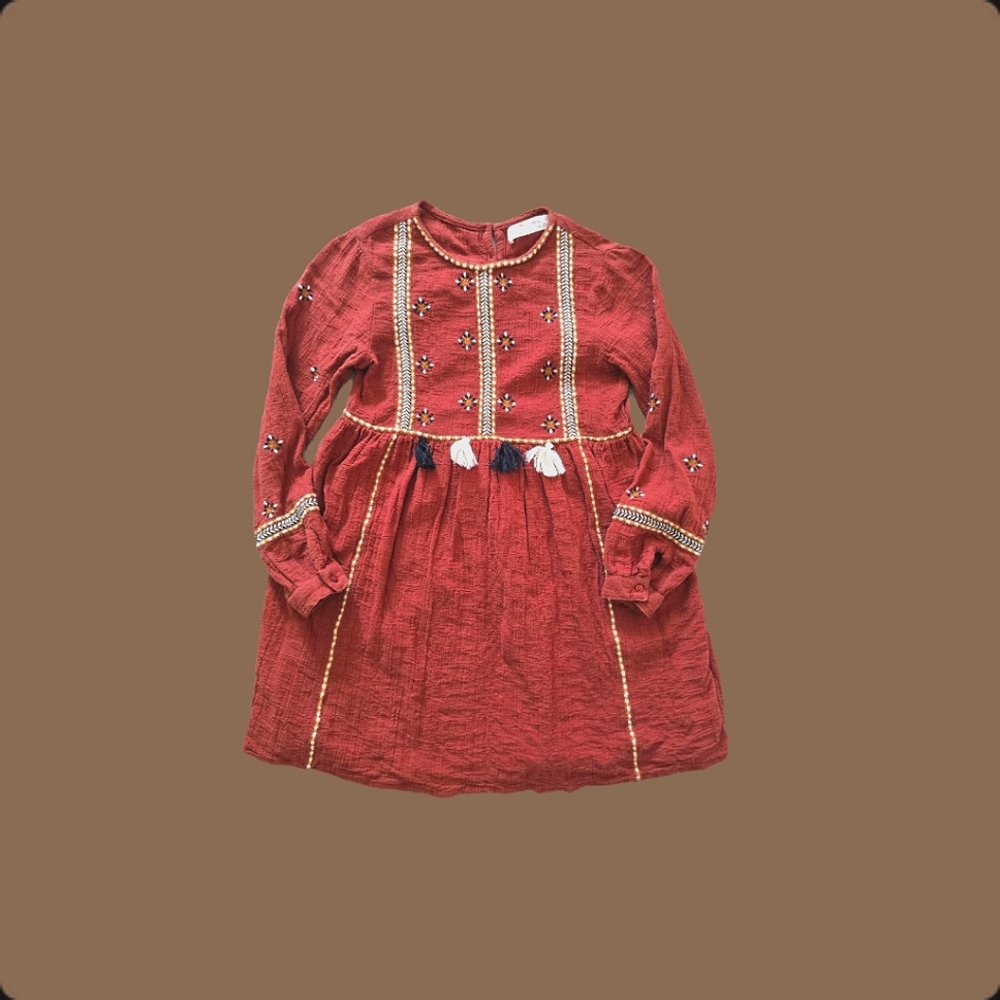 Zara Girls' Earthtone Burnt Sienna Gauzy Boho Embroidered Tassel Dress 9Y